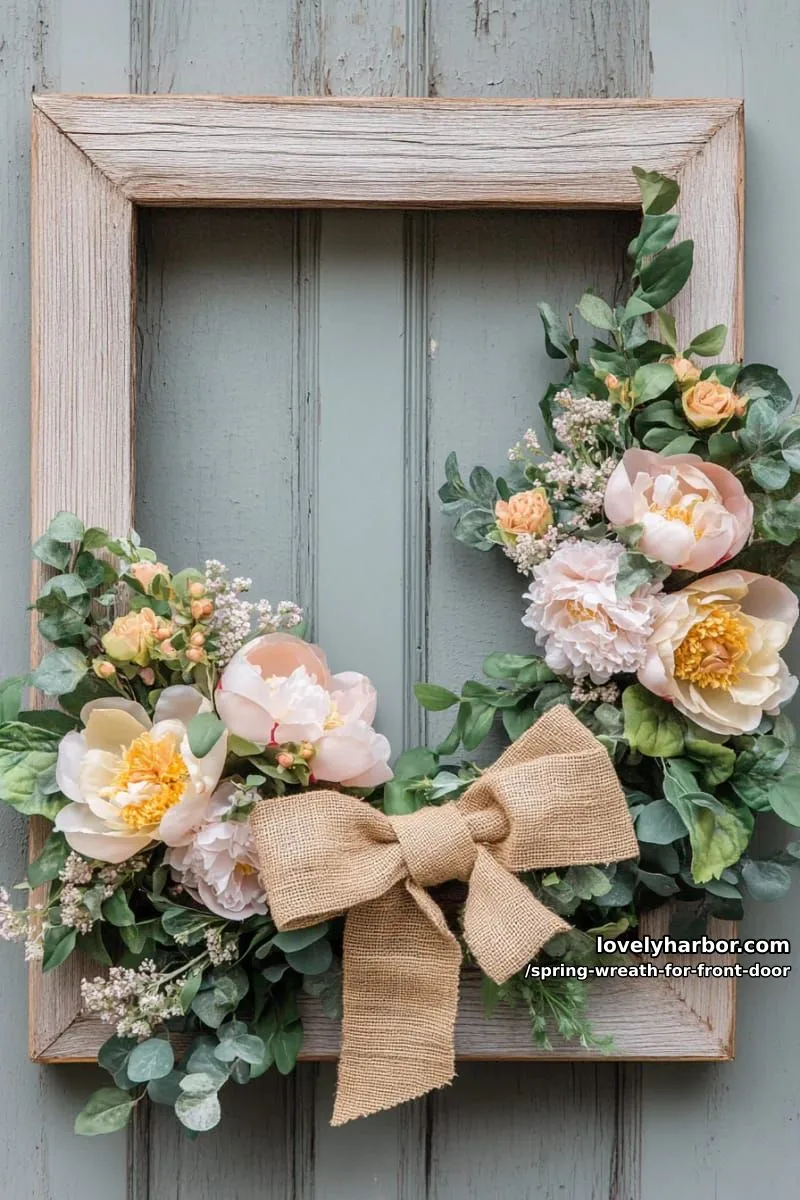 rustic square frame with pastel peonies, greenery, and burlap bow 8
