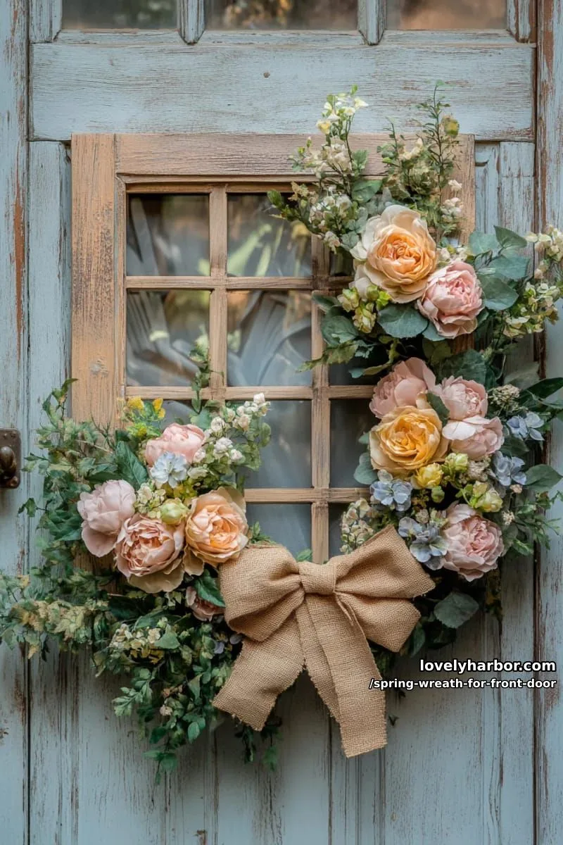 15 Unique Front Door Spring Wreaths for a Charming Entryway 9 rustic square frame with pastel peonies, greenery, and burlap bow 1