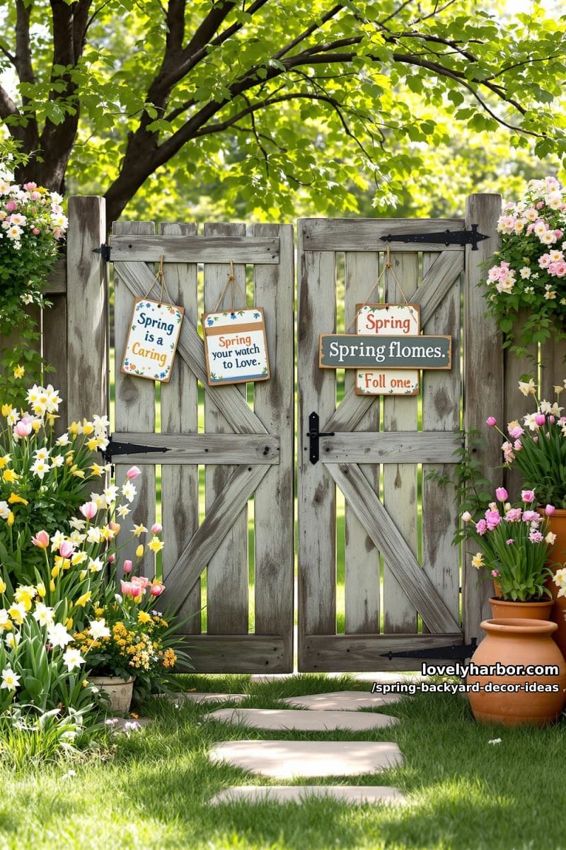 rustic wooden signs with hand-painted spring quotes near the garden entrance 1