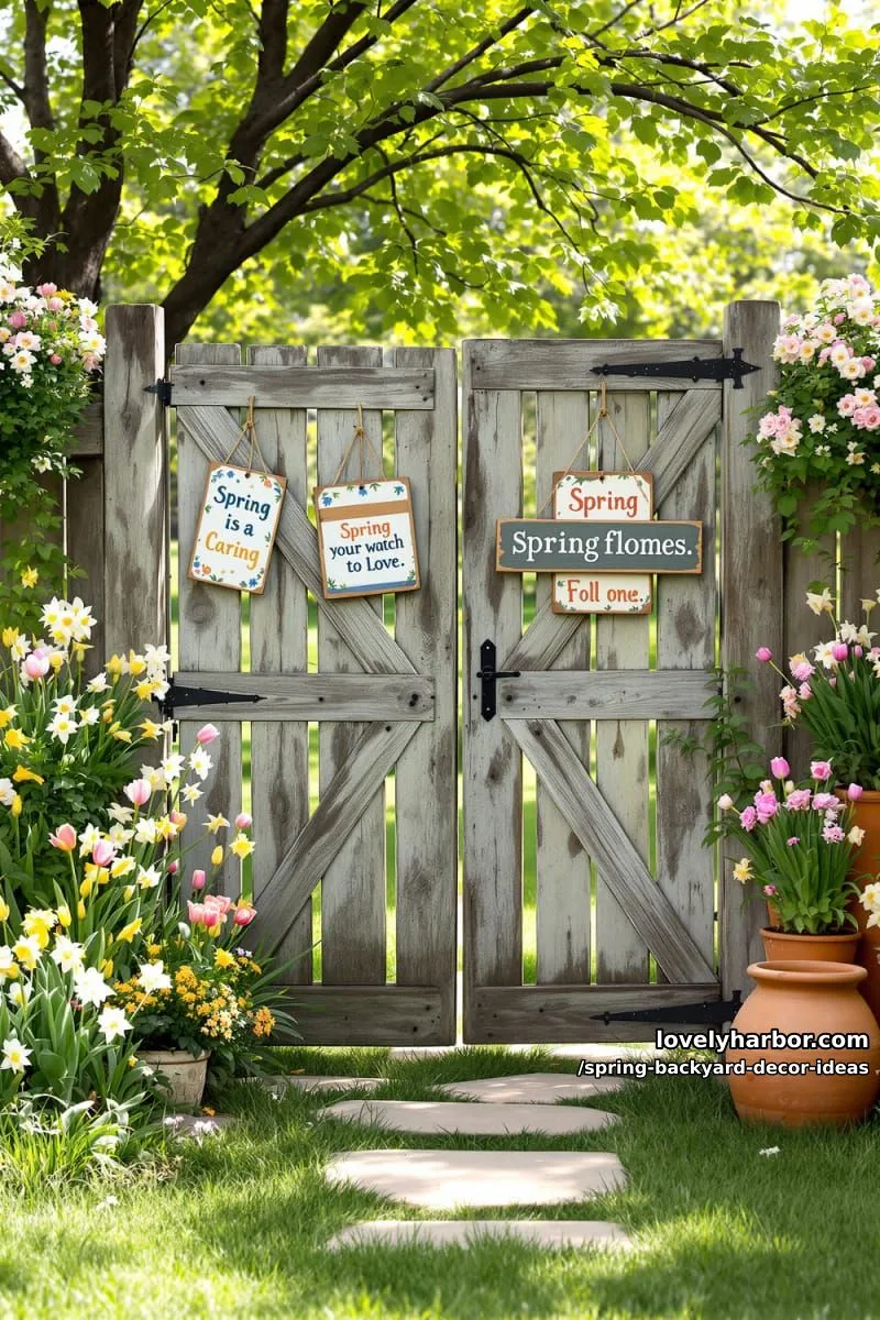 15 Spring Backyard Decor Ideas for Effortless Charm 12 rustic wooden signs with hand-painted spring quotes near the garden entrance 1