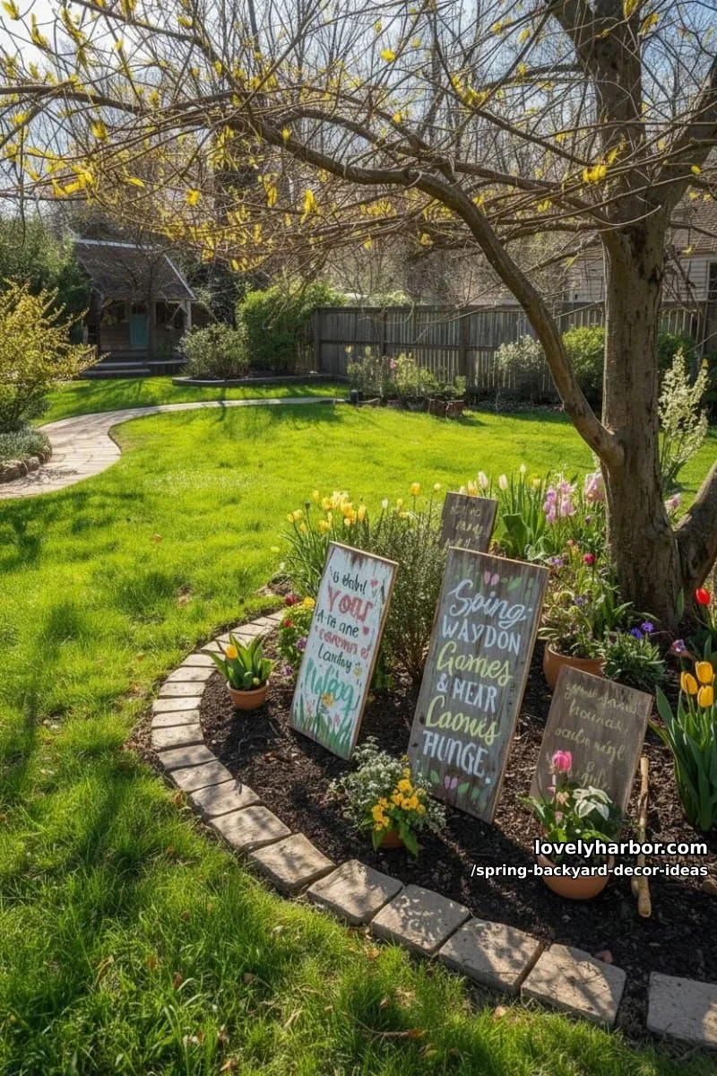 15 Spring Backyard Decor Ideas for Effortless Charm 13 rustic wooden signs with hand-painted spring quotes near the garden entrance 1