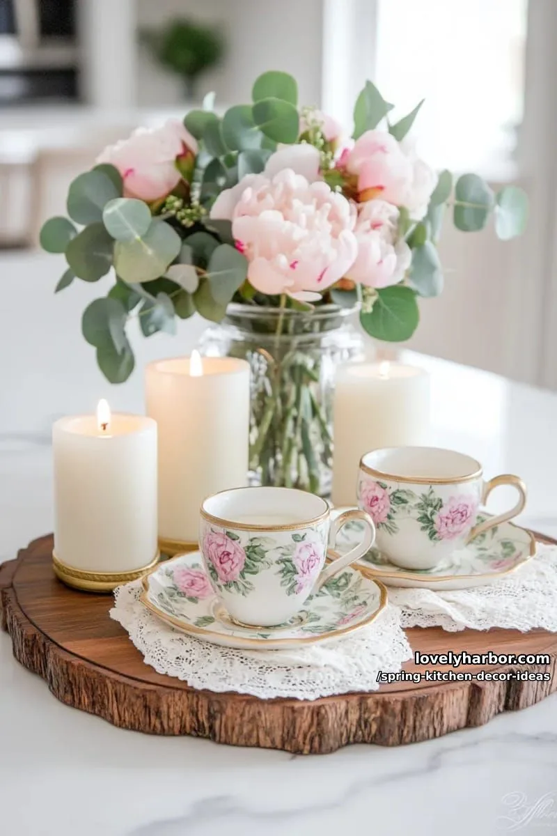 rustic wooden tray with candles, blush peonies, and vintage teacups 1