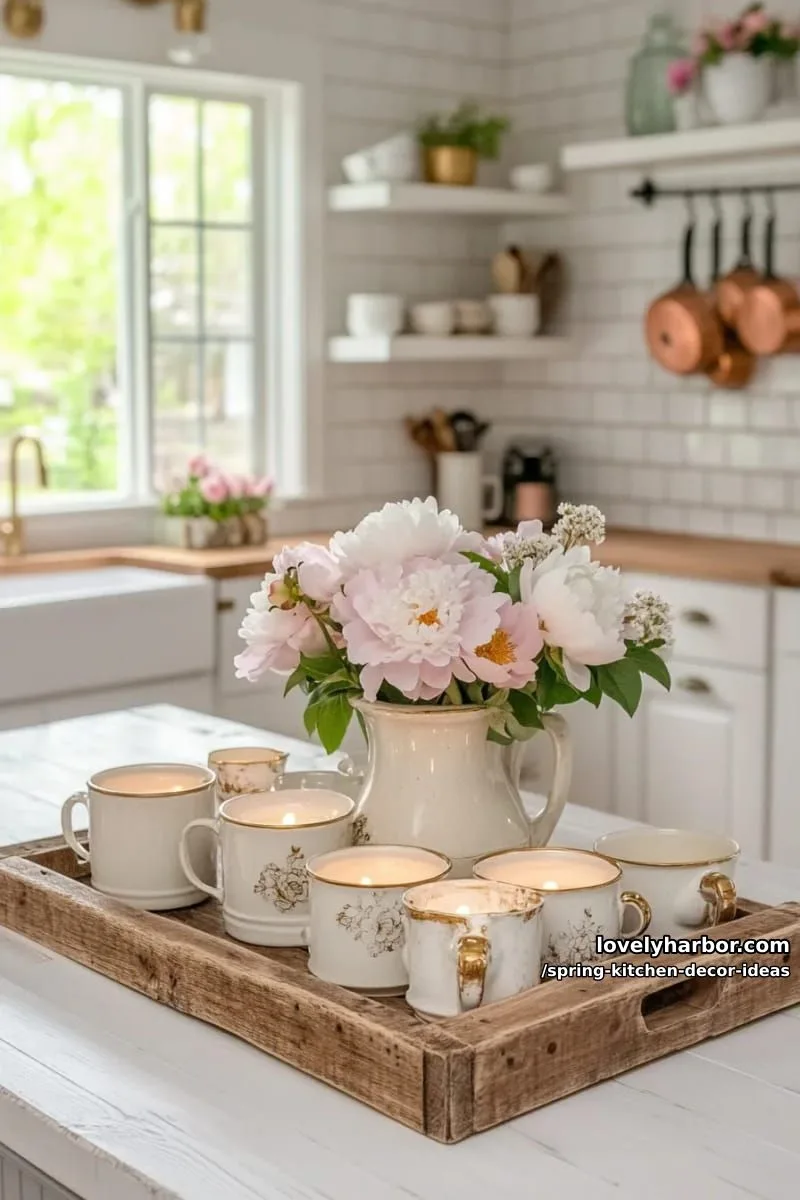 rustic wooden tray with candles, blush peonies, and vintage teacups 1
