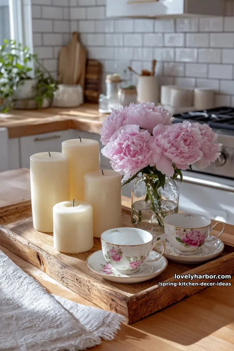 rustic wooden tray with candles, blush peonies, and vintage teacups 1