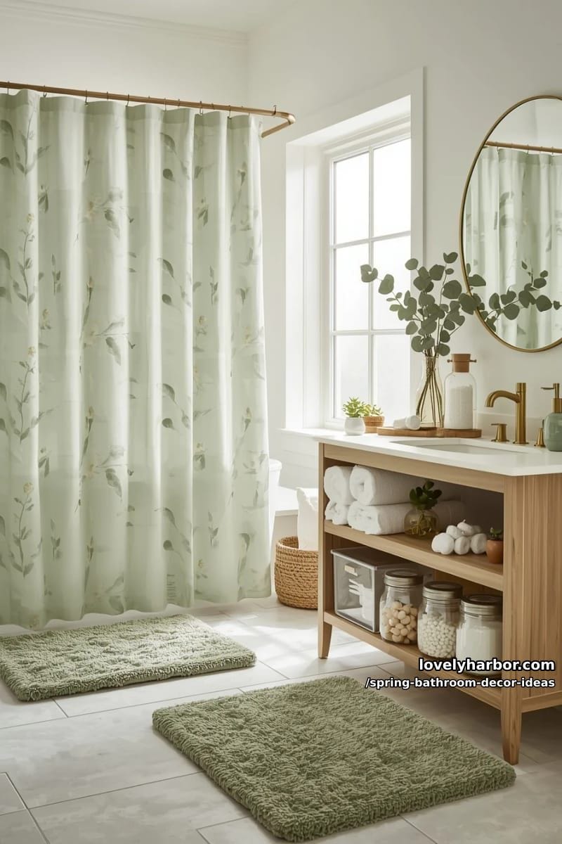 sage green shower curtain with matching bath rugs and clear acrylic bins 1