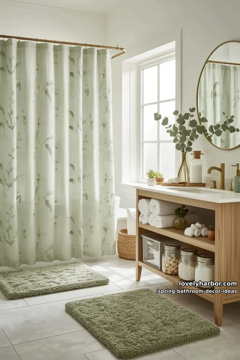 sage green shower curtain with matching bath rugs and clear acrylic bins 1