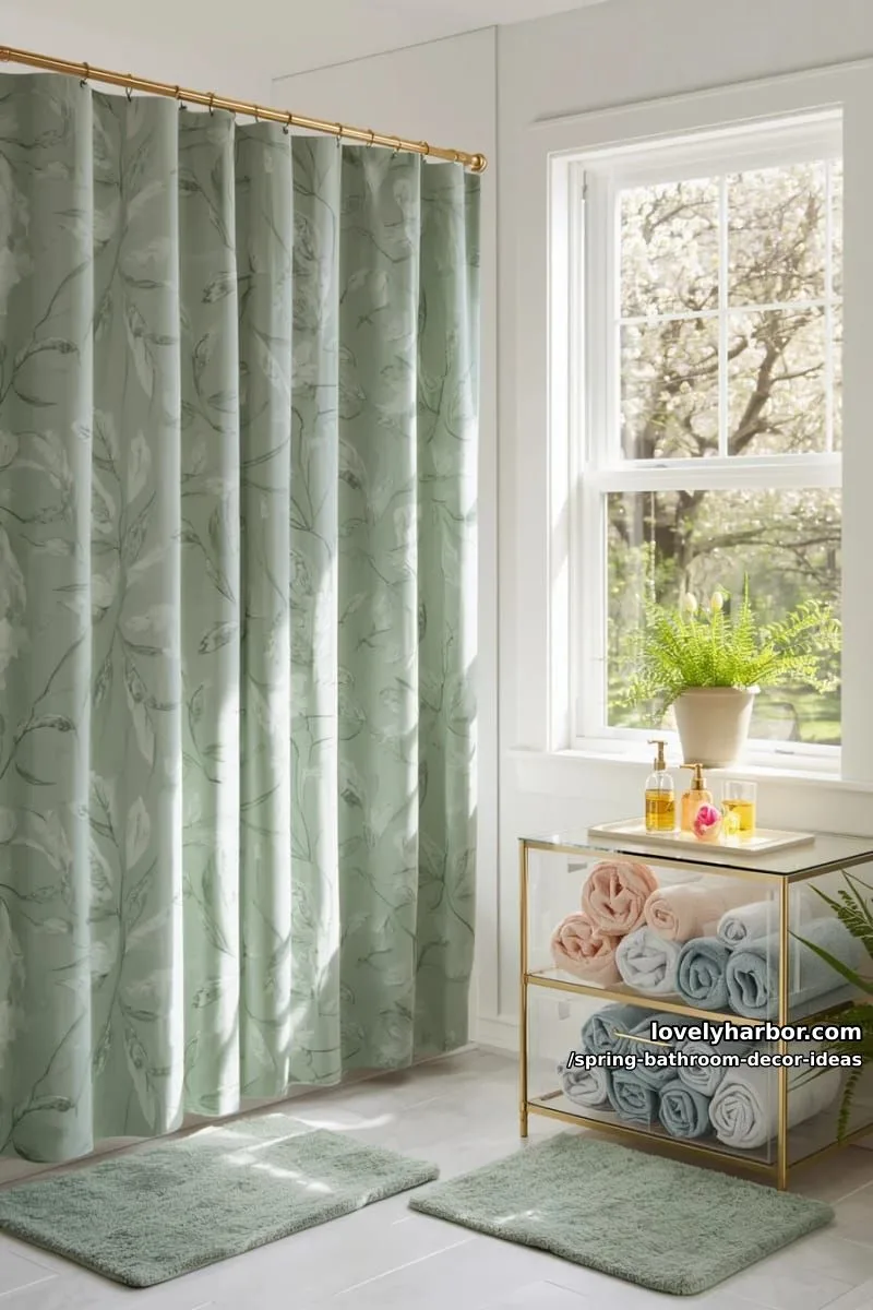 sage green shower curtain with matching bath rugs and clear acrylic bins 1