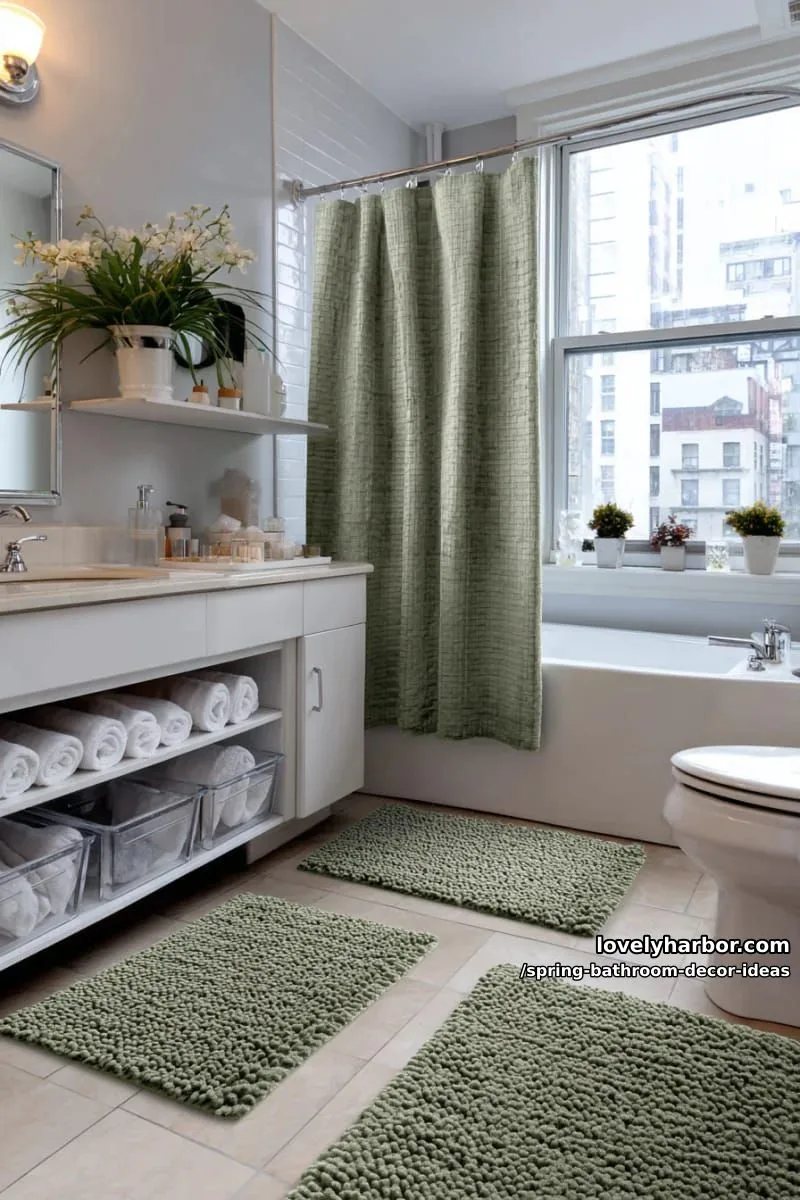 sage green shower curtain with matching bath rugs and clear acrylic bins 1