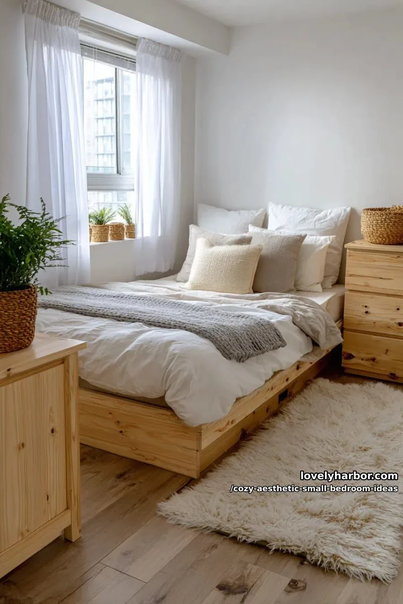 scandi-inspired light wood furniture paired with a fluffy white rug 1