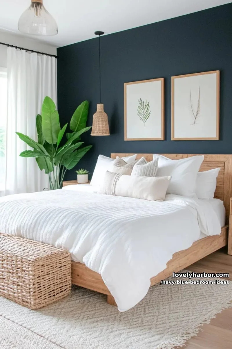 scandinavian-inspired navy blue and natural wood furniture with white bedding 1