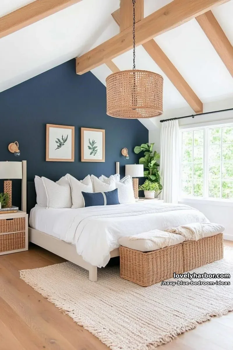 scandinavian-inspired navy blue and natural wood furniture with white bedding 1