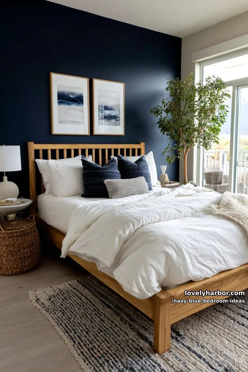 scandinavian-inspired navy blue and natural wood furniture with white bedding 1