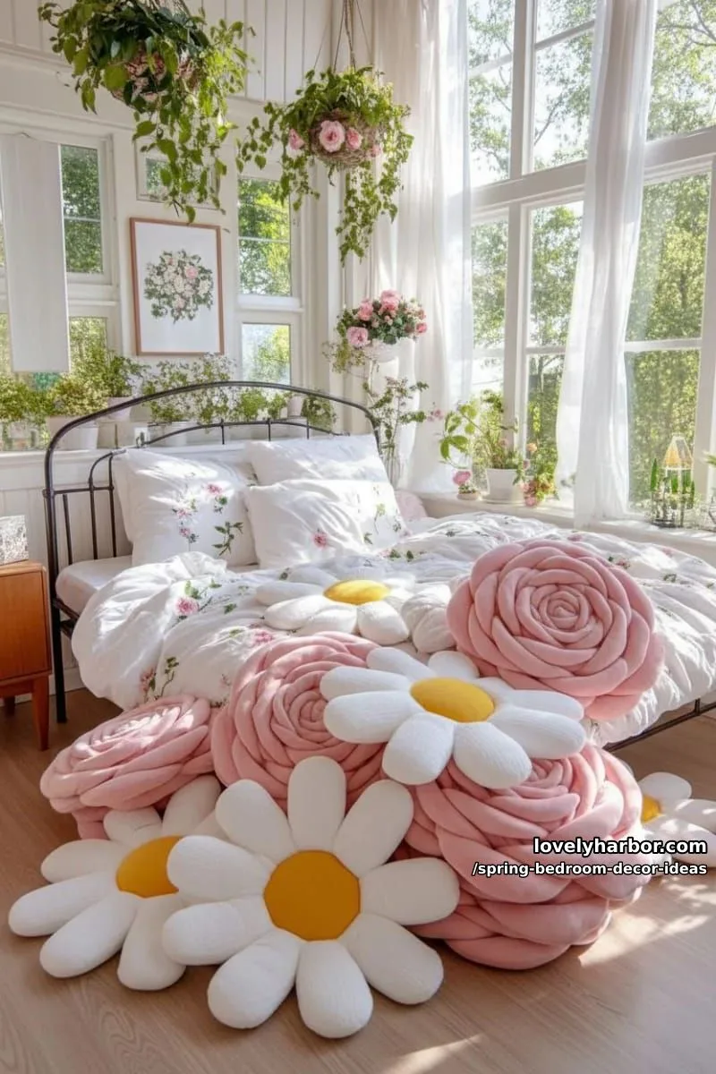 21 Unique Spring Bedroom Decor Ideas For 2026 47 scatter oversized daisy and rose pillows on a plush cream rug. 1