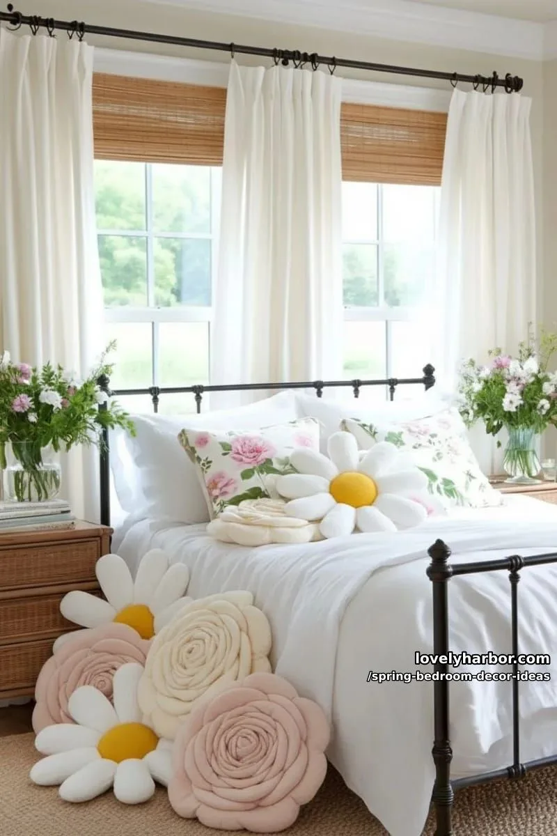 21 Unique Spring Bedroom Decor Ideas For 2026 48 scatter oversized daisy and rose pillows on a plush cream rug. 1