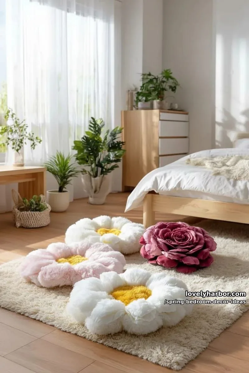 21 Unique Spring Bedroom Decor Ideas For 2026 49 scatter oversized daisy and rose pillows on a plush cream rug. 1