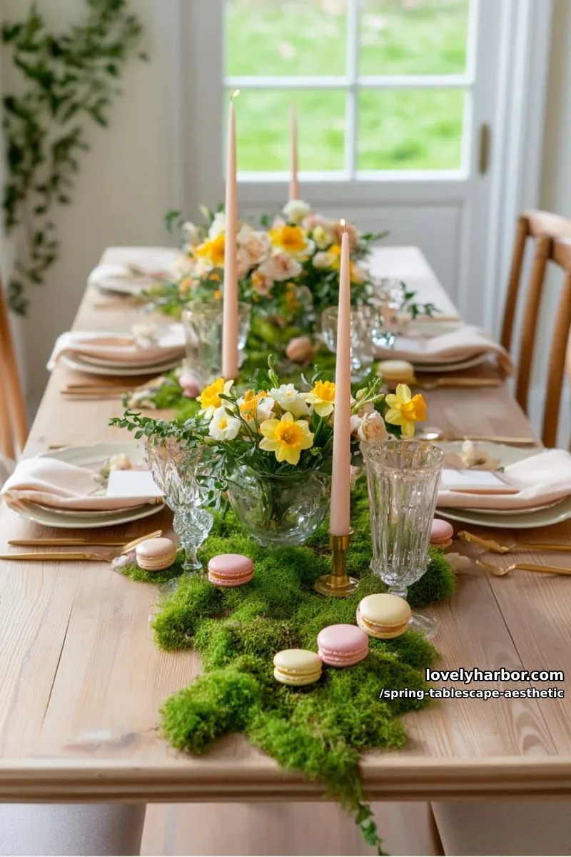 scattered moss, daffodils, and blush tapered candles for enchanted garden style 1