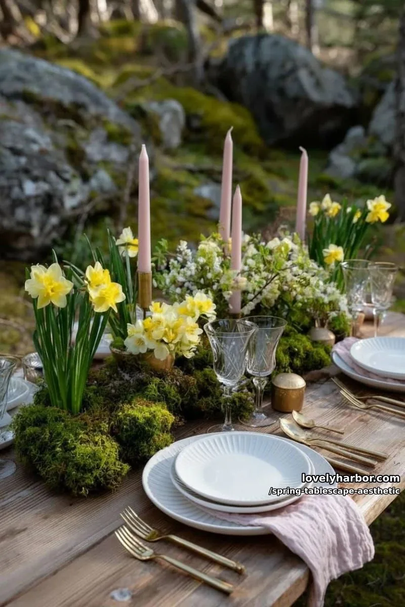 scattered moss, daffodils, and blush tapered candles for enchanted garden style 1