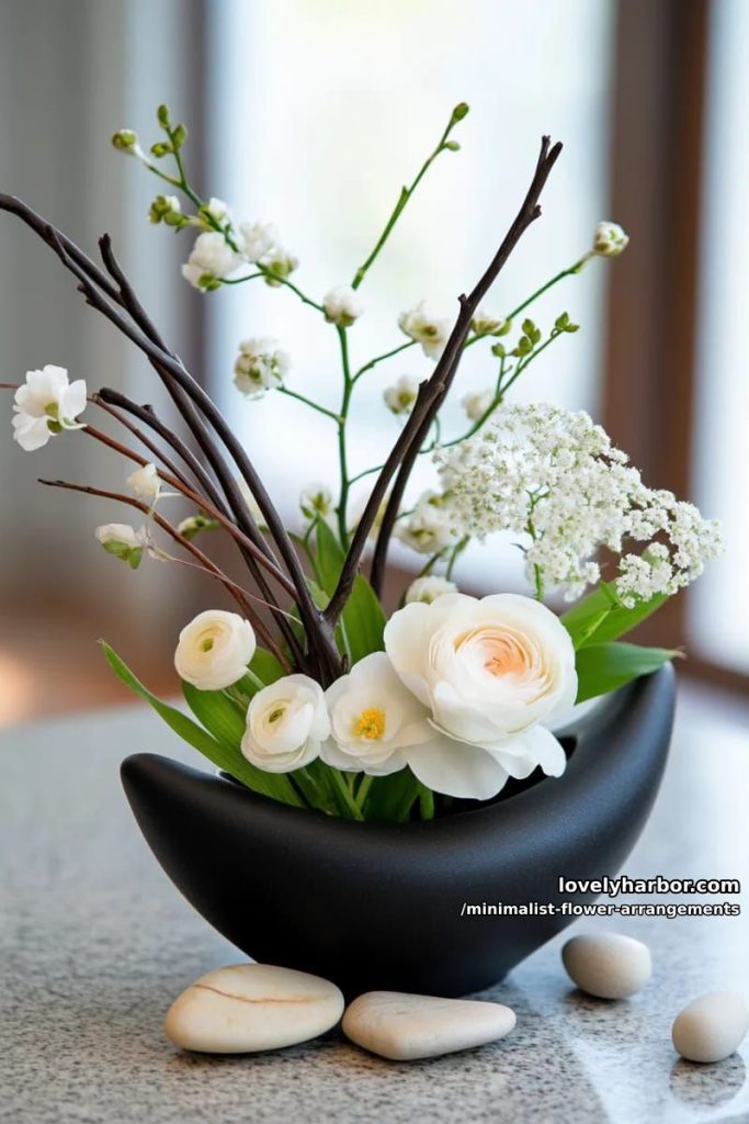 sculptural ikebana with curved willow branches, tiny blooms 32