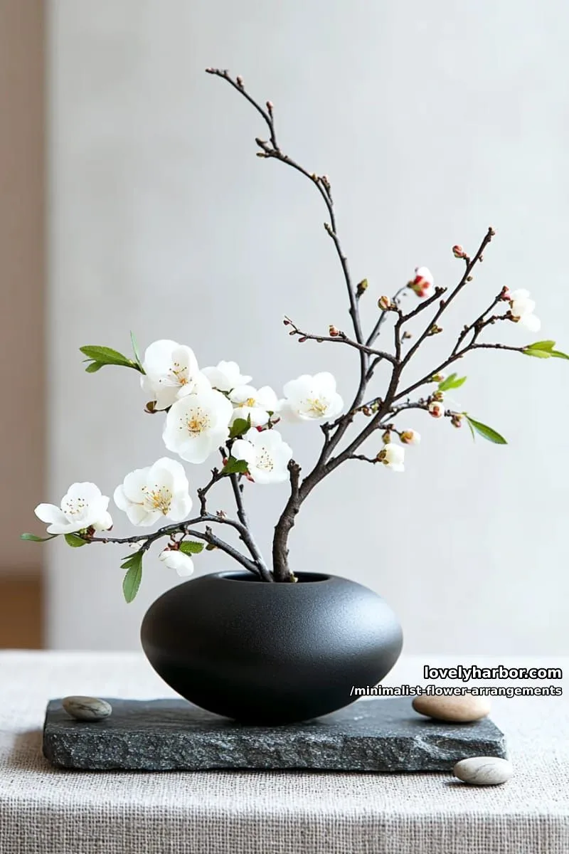 15 Chic Minimalist Flower Arrangements: Simple Designs with Huge Impact 33 sculptural ikebana with curved willow branches, tiny blooms 1
