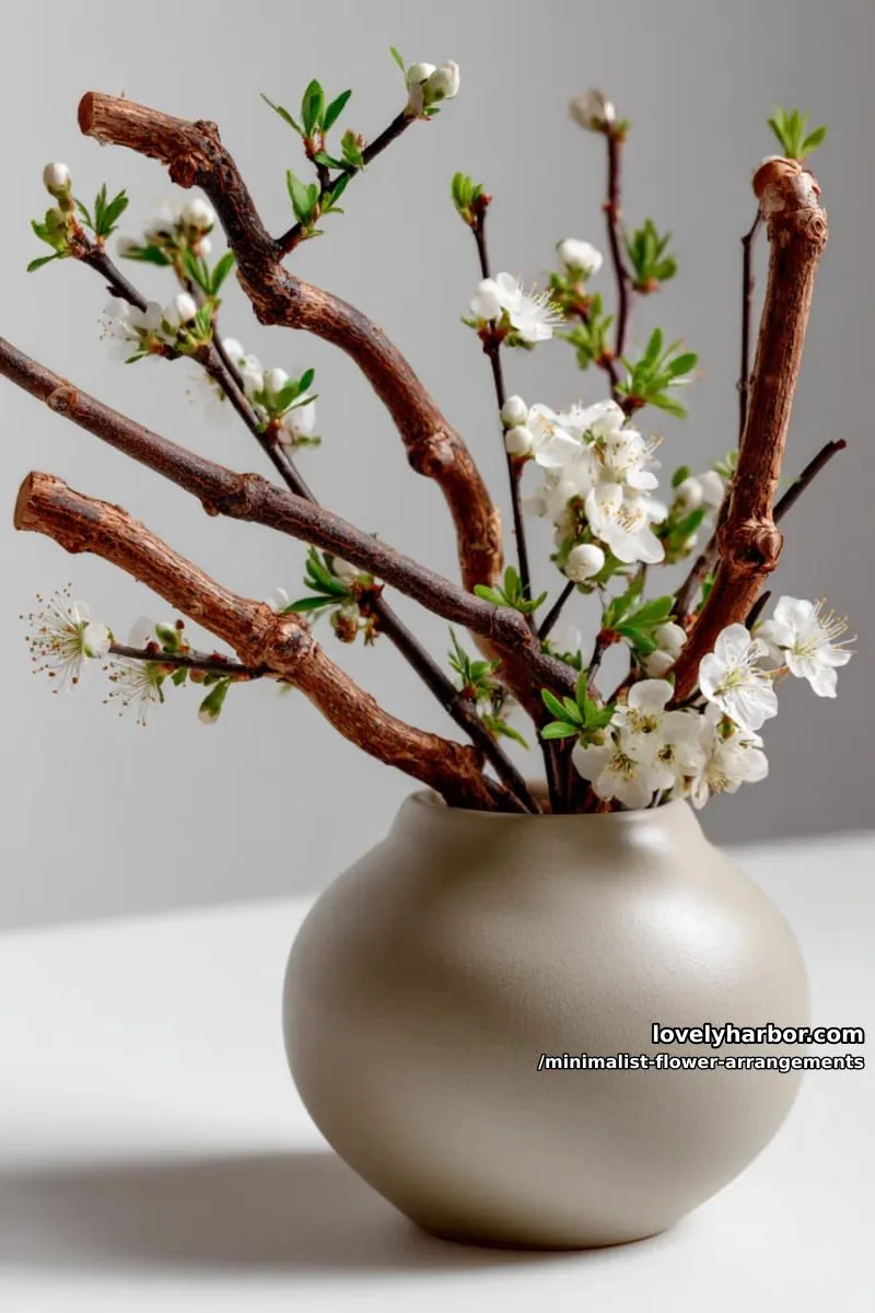 15 Chic Minimalist Flower Arrangements: Simple Designs with Huge Impact 34 sculptural ikebana with curved willow branches, tiny blooms 1
