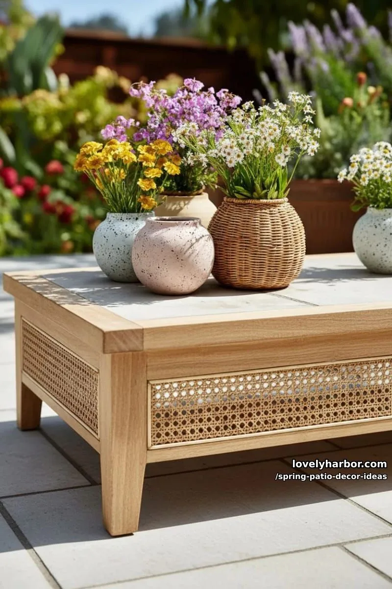 21 Spring Patio Decor Ideas To Welcome The New Season 8 set up a low rattan table with terrazzo planters and pastel wildflower bouquets 1