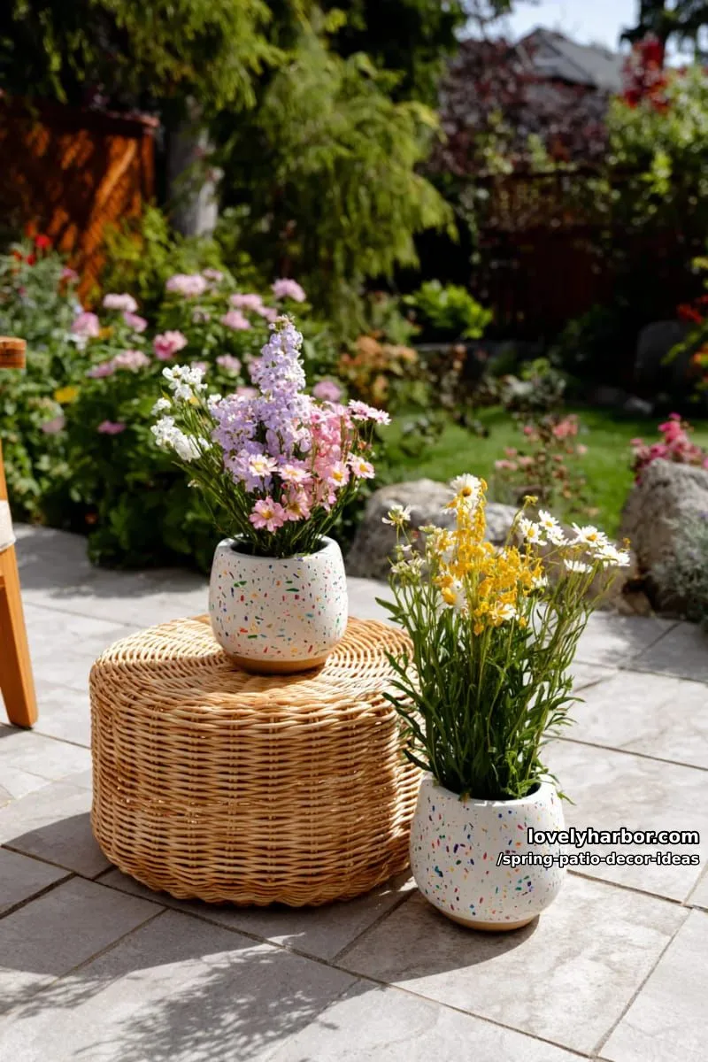 21 Spring Patio Decor Ideas To Welcome The New Season 9 set up a low rattan table with terrazzo planters and pastel wildflower bouquets 1