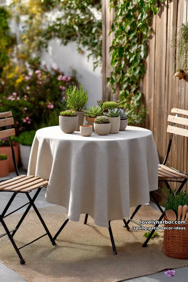 21 Spring Patio Decor Ideas To Welcome The New Season 29 set up a mini bistro table draped with linen and tiny potted succulents 1