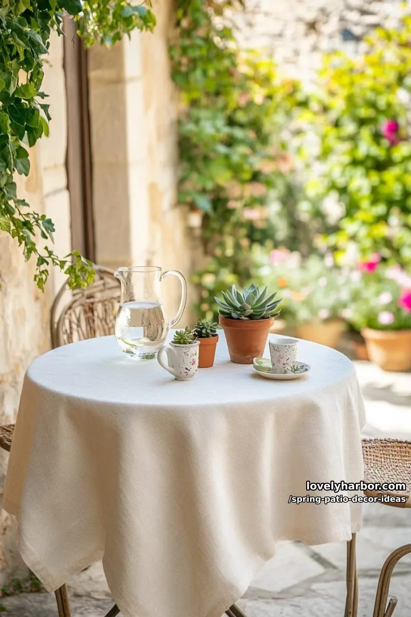 21 Spring Patio Decor Ideas To Welcome The New Season 30 set up a mini bistro table draped with linen and tiny potted succulents 1