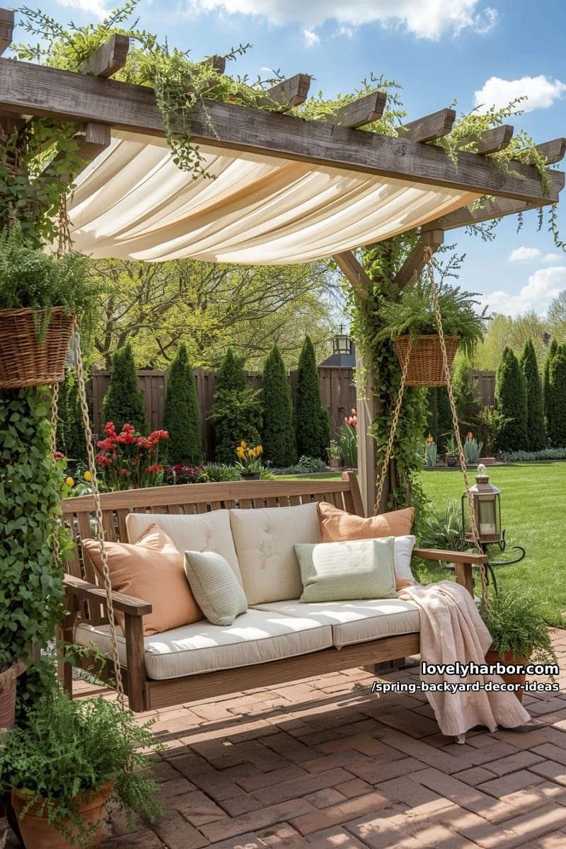 shaded swing bench surrounded by potted ferns and trailing ivy 1