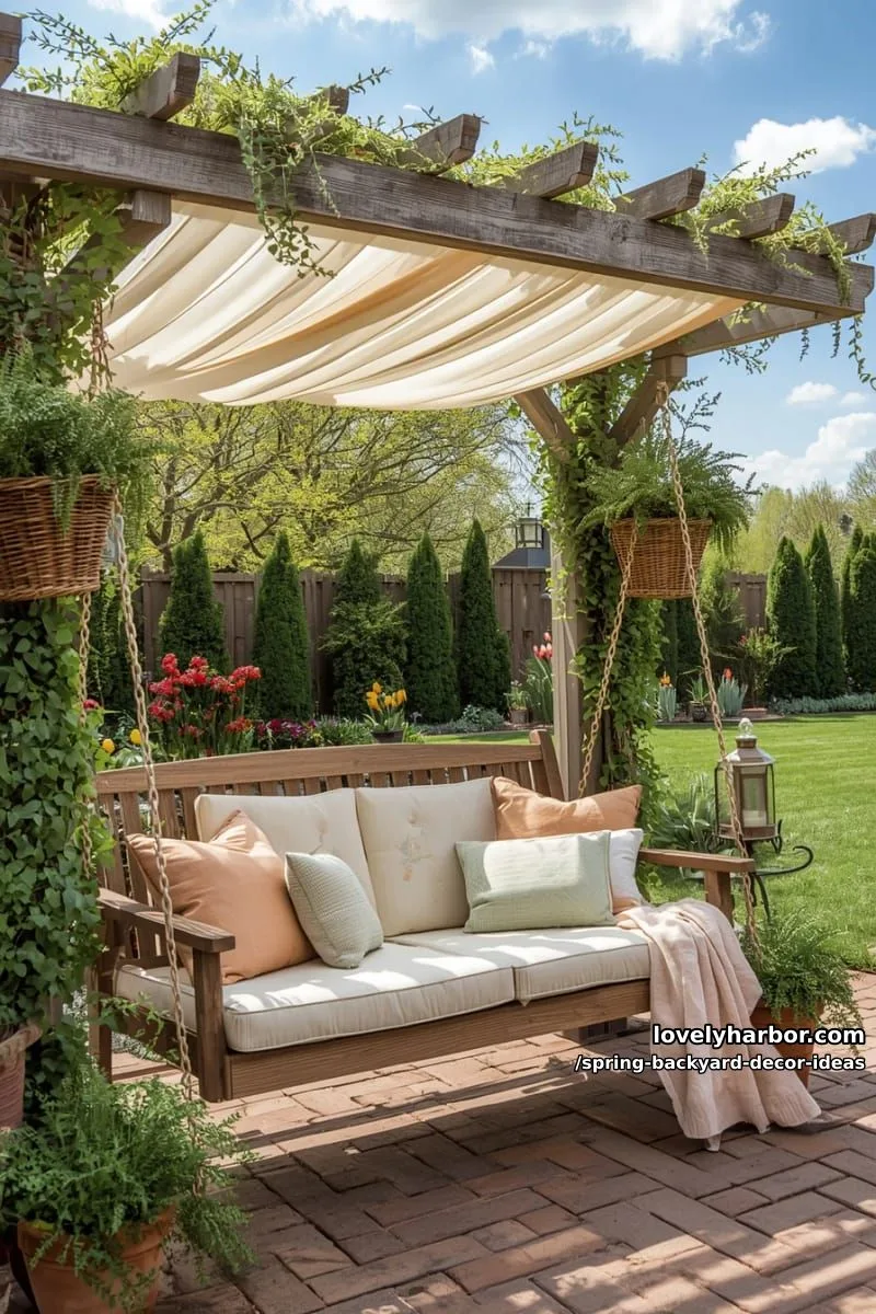 15 Spring Backyard Decor Ideas for Effortless Charm 10 shaded swing bench surrounded by potted ferns and trailing ivy 1