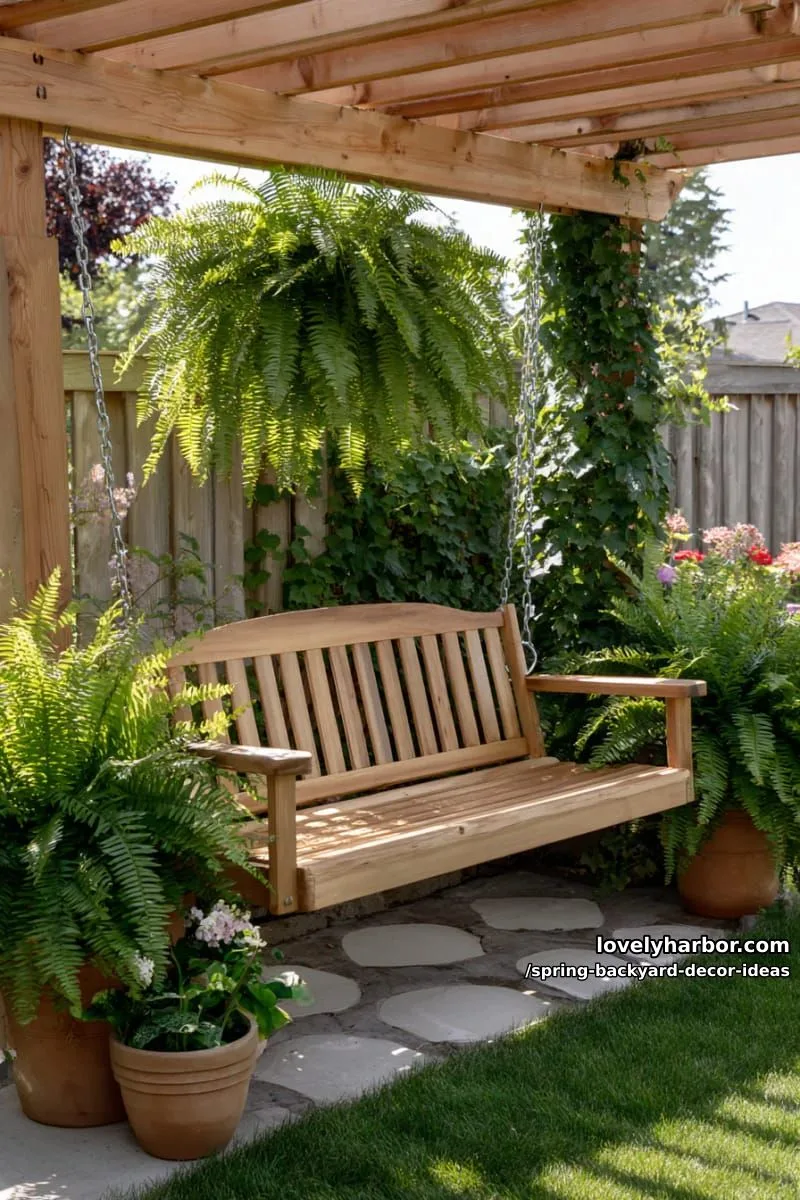 15 Spring Backyard Decor Ideas for Effortless Charm 11 shaded swing bench surrounded by potted ferns and trailing ivy 1