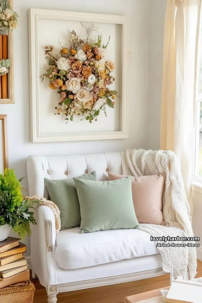 shadow box display filled with vintage dried flower arrangements and handwritten notes 1