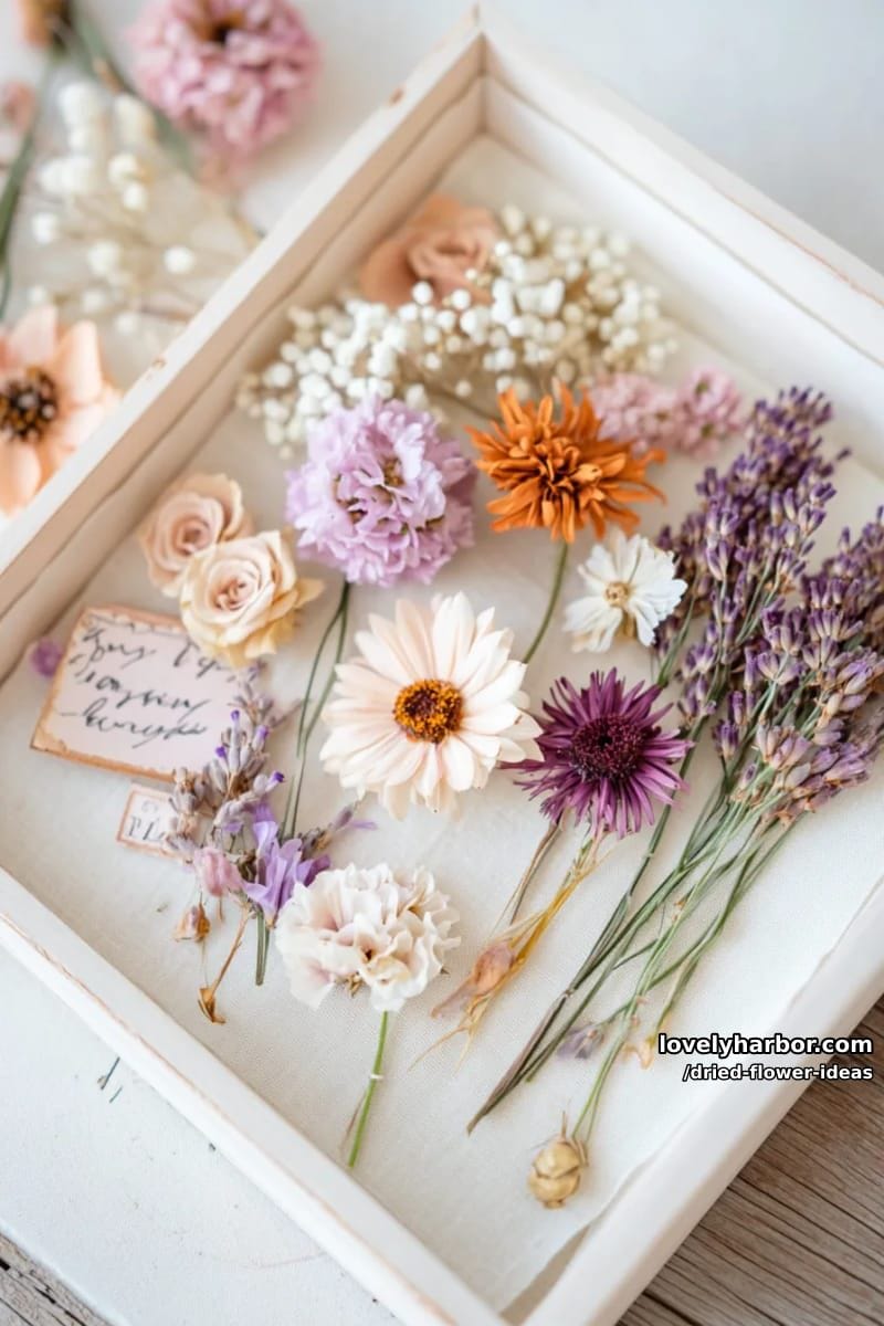 shadow box display filled with vintage dried flower arrangements and handwritten notes 1