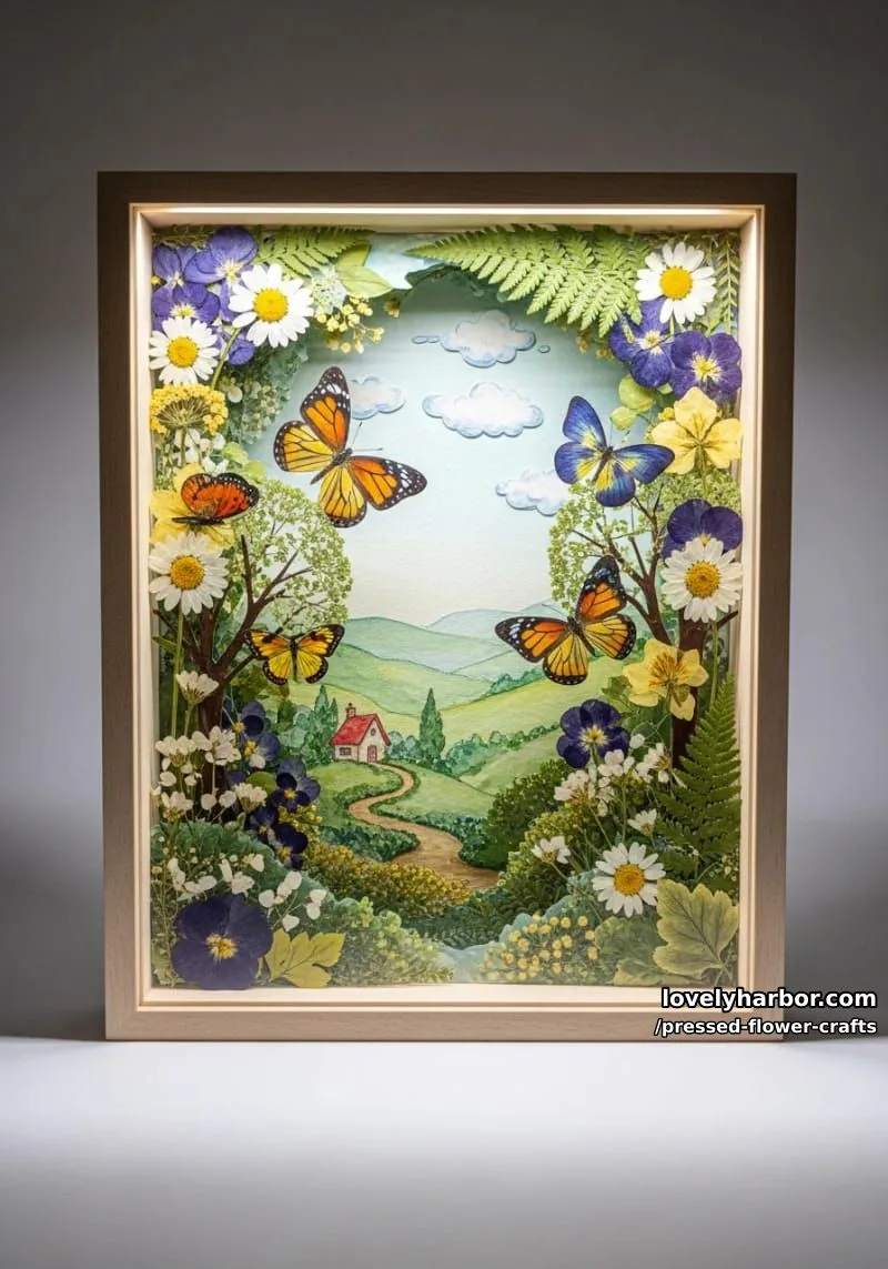 shadow box story scenes blending pressed flowers, butterflies, and watercolor details 1