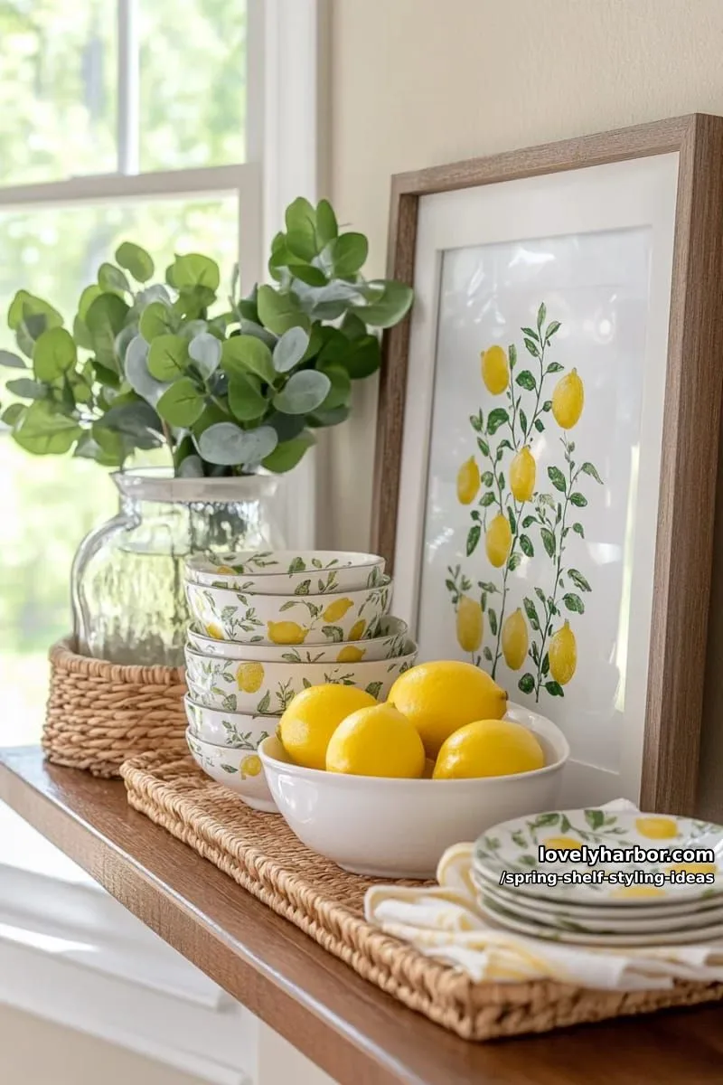 showcase a shelf with lemon-patterned ceramics and a small dish of real lemons. 1