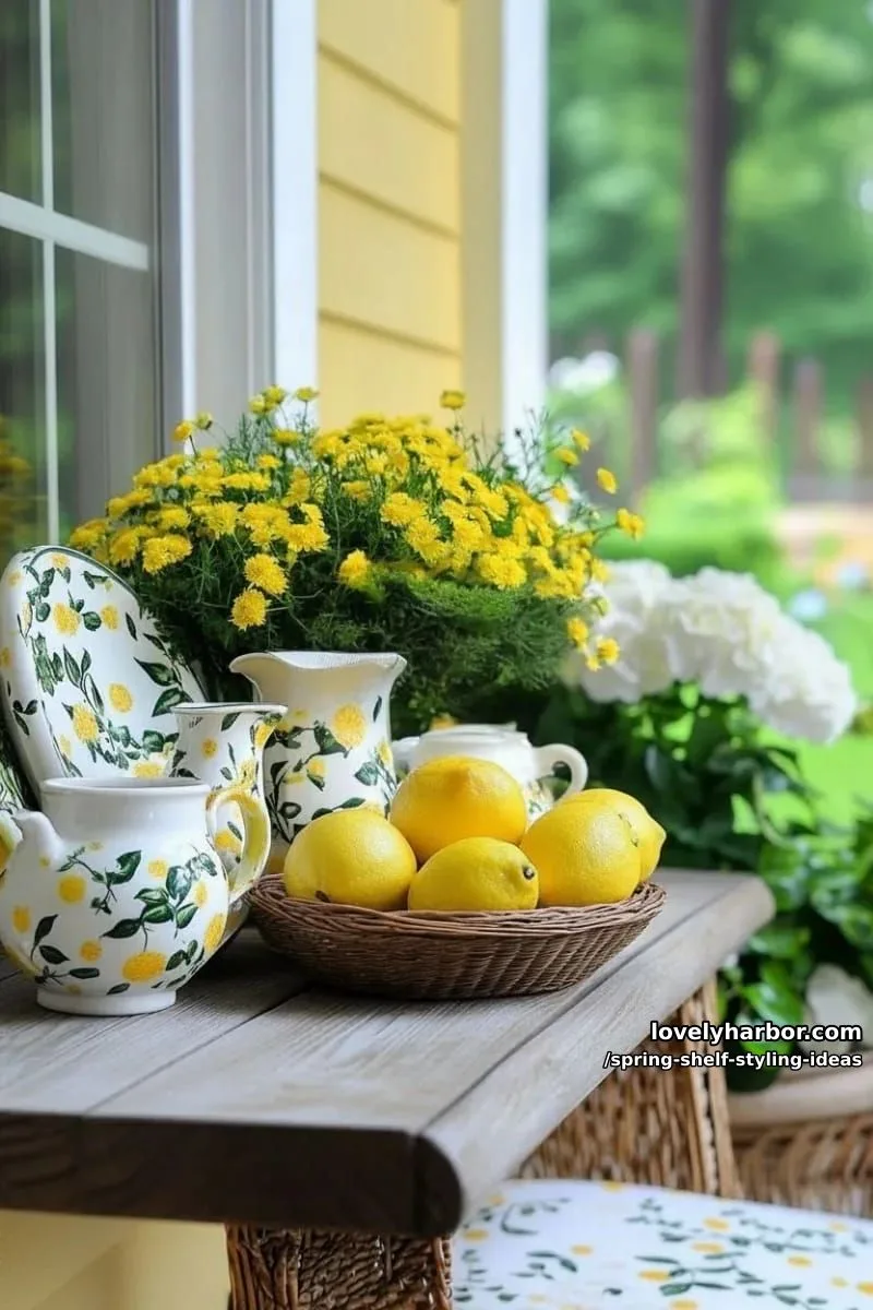 showcase a shelf with lemon-patterned ceramics and a small dish of real lemons. 1