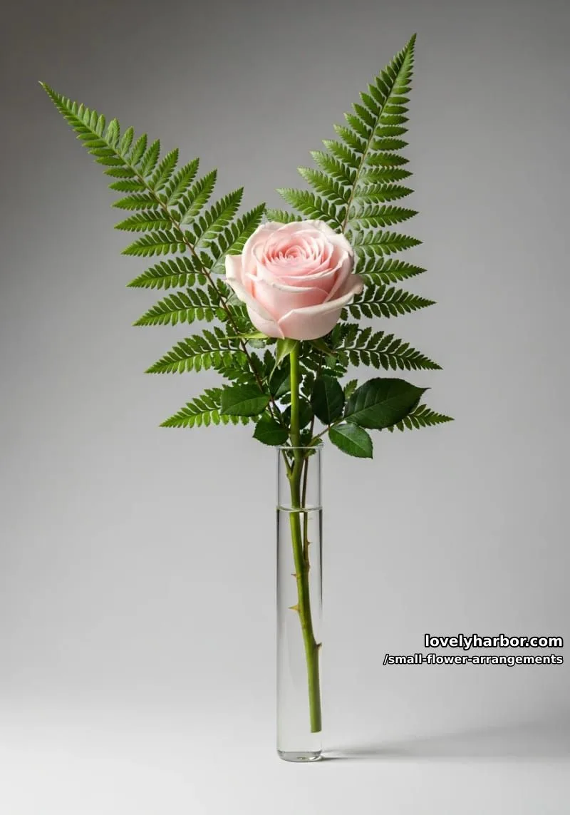 19 Classy Small Flower Arrangements to Cheer You Up in Spring 31 single blush rose with fern fronds in a clear test tube 1