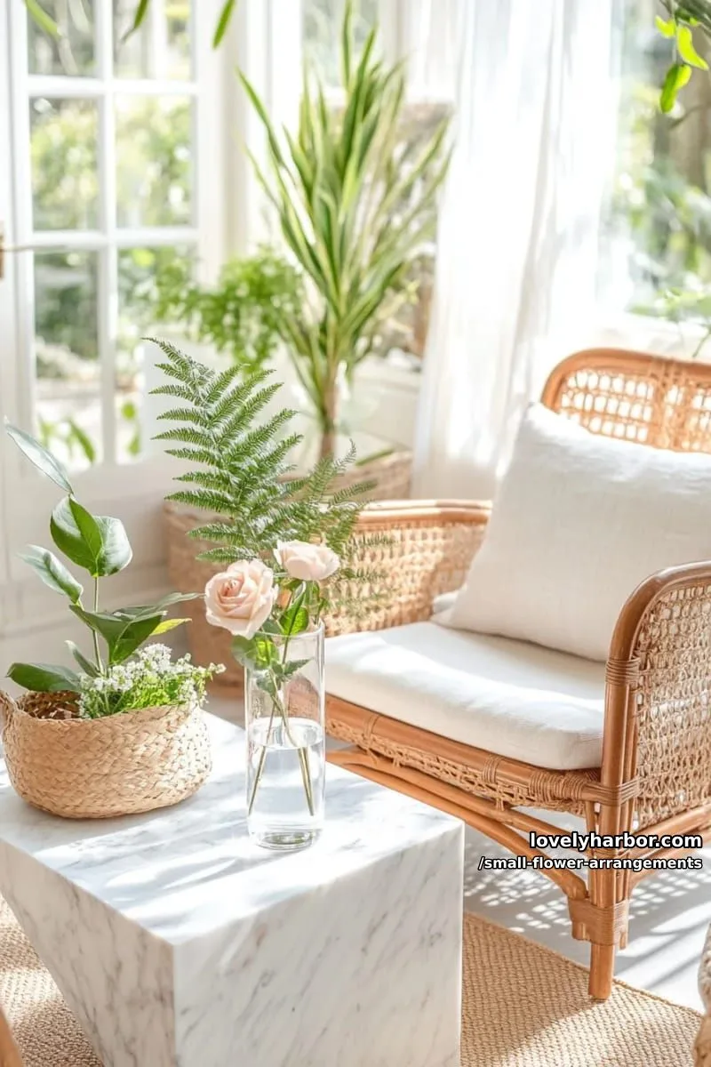 19 Classy Small Flower Arrangements to Cheer You Up in Spring 32 single blush rose with fern fronds in a clear test tube 1