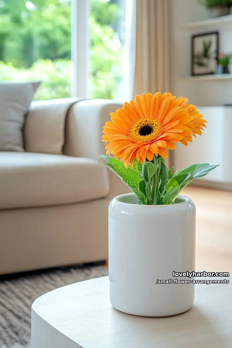 19 Classy Small Flower Arrangements to Cheer You Up in Spring 2 single bright gerbera daisy in a sleek minimalist white vase 1