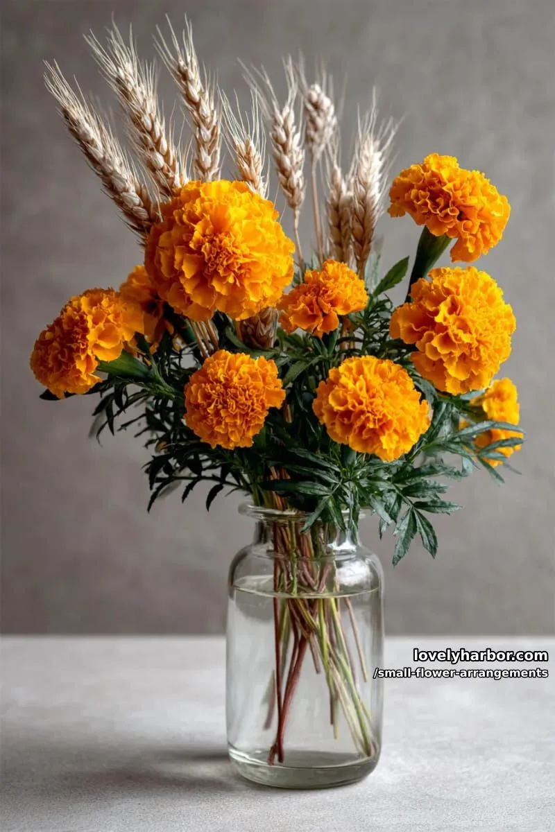 19 Classy Small Flower Arrangements to Cheer You Up in Spring 21 small arrangement of orange marigolds with dried wheat stalks 1