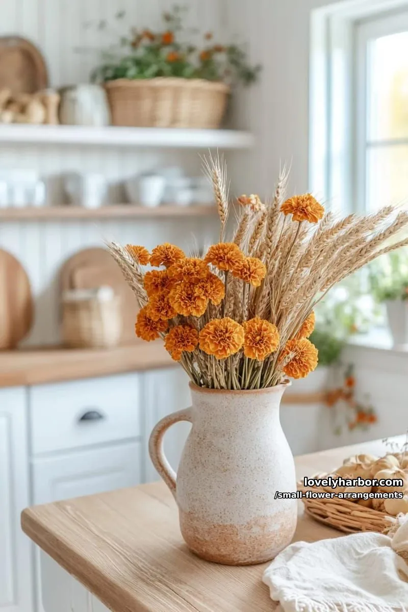 19 Classy Small Flower Arrangements to Cheer You Up in Spring 22 small arrangement of orange marigolds with dried wheat stalks 1