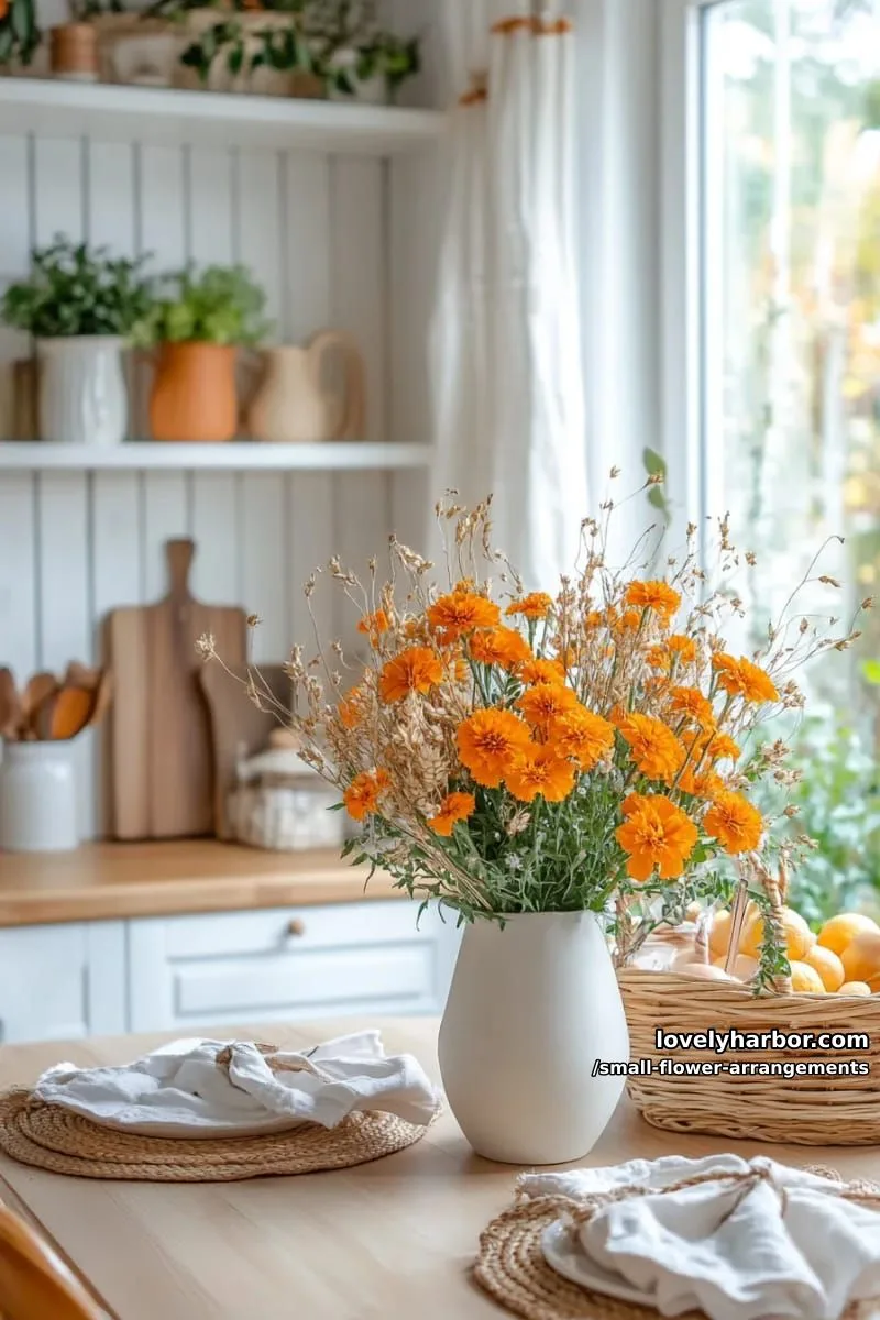 19 Classy Small Flower Arrangements to Cheer You Up in Spring 23 small arrangement of orange marigolds with dried wheat stalks 1