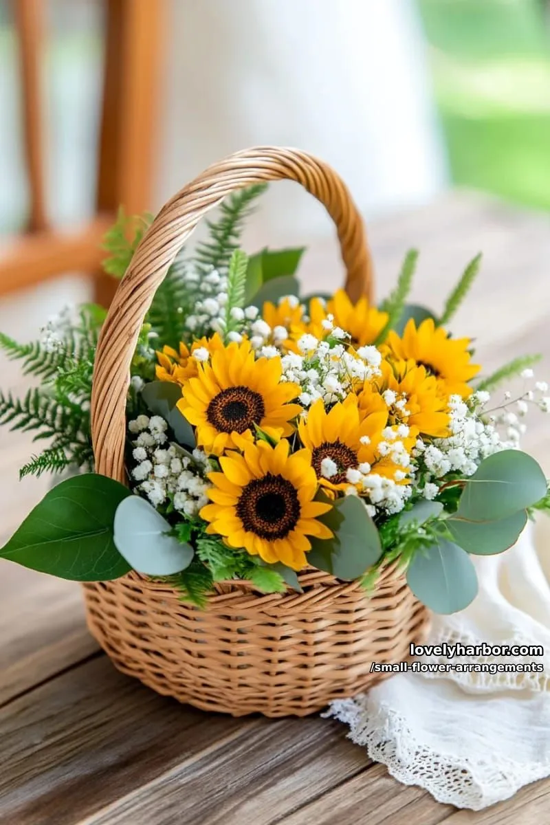 19 Classy Small Flower Arrangements to Cheer You Up in Spring 40 small floral basket with sunflowers and lush green foliage 1