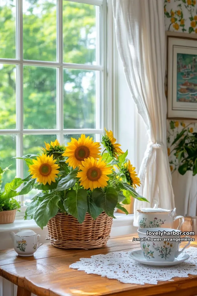19 Classy Small Flower Arrangements to Cheer You Up in Spring 41 small floral basket with sunflowers and lush green foliage 1
