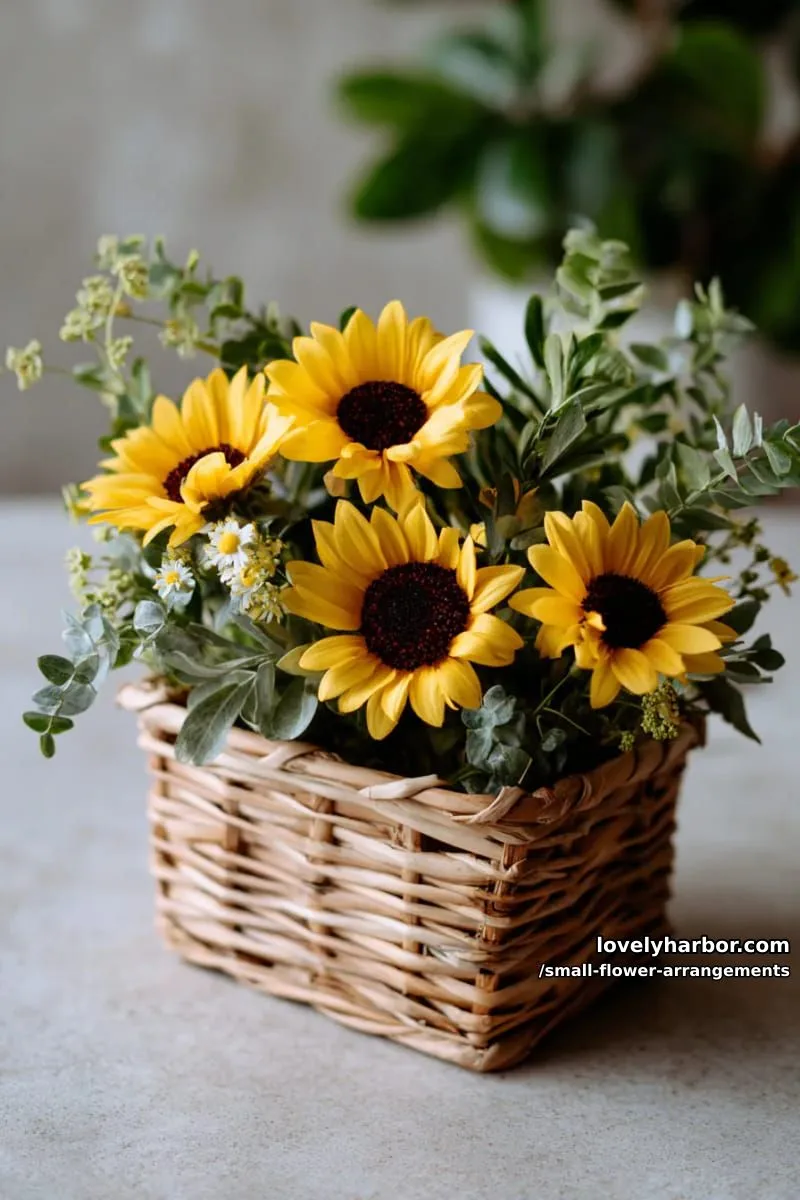 19 Classy Small Flower Arrangements to Cheer You Up in Spring 42 small floral basket with sunflowers and lush green foliage 1