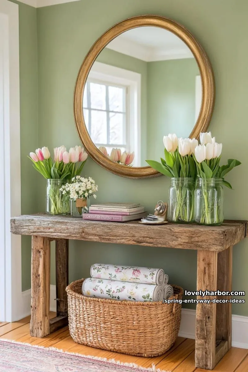 small round mirror above a rustic wood table with mason jar bouquets 22