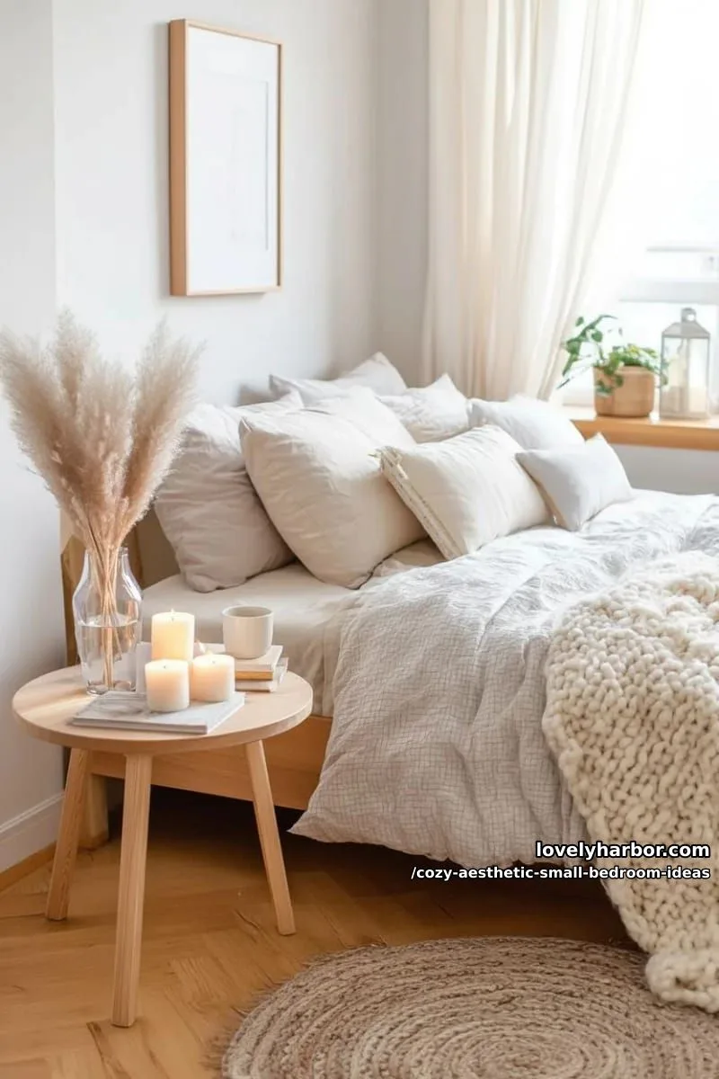 small round nightstand styled with candles and dried pampas grass 1