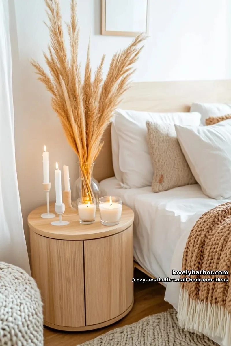 small round nightstand styled with candles and dried pampas grass 1