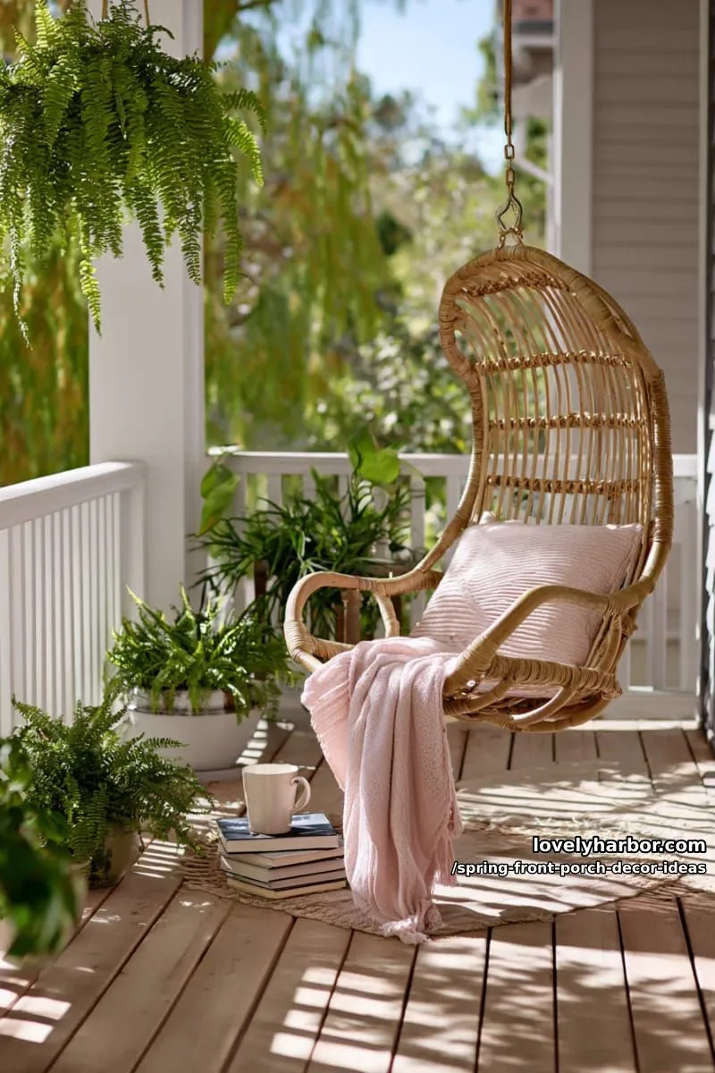 soft blush throw blanket tossed over a rattan swing chair 1