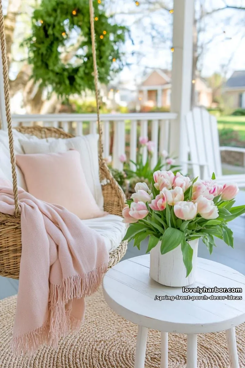 soft blush throw blanket tossed over a rattan swing chair 1